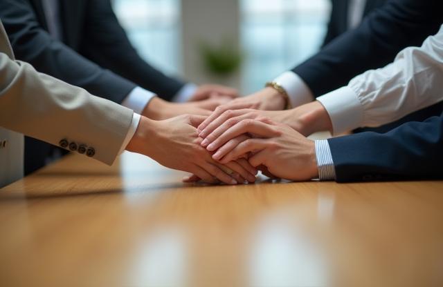 Diverse hands joining together over a meeting table, symbolizing inclusion and collaboration.