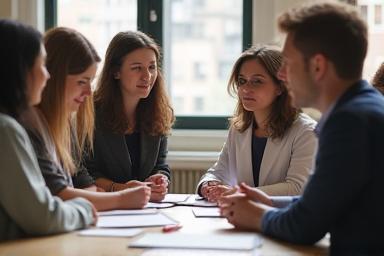 Group of people participating in a workshop discussion around a table, engaged in active listening.