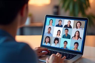 Person using a laptop for online learning with diverse faces on screen, symbolizing remote collaboration.