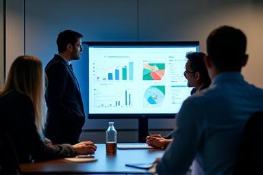 Team reviewing data and charts on a screen during a strategy meeting, indicating analytical work.